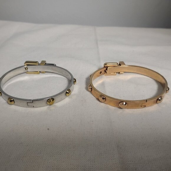 ❤️LOT 2 MICHAEL KORS Silver / Gold Buckle Hinged Studded Bracelet - Picture 2 of 6